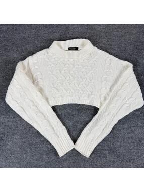 Nasty Gal White Cable Knit Cropped Sweater Small - Academia, Monochrome, Cute